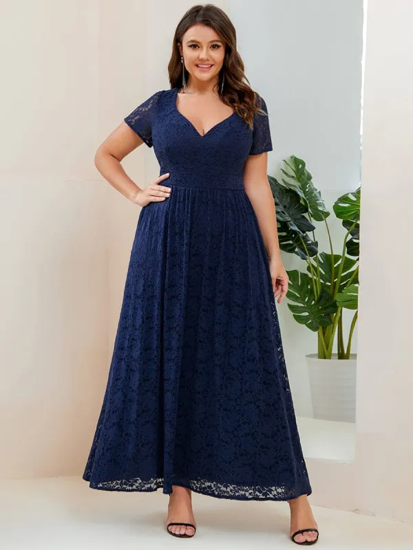 Plus Size A-Line Short Sleeve V-Neck Lace Evening Dress sold by Ever Pretty