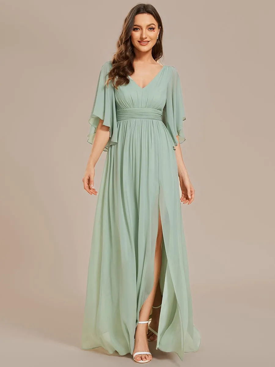 Custom Size Half Sleeve V-Neck Pleated High Slit A-Line Chiffon Bridesmaid Dress sold by Ever Pretty