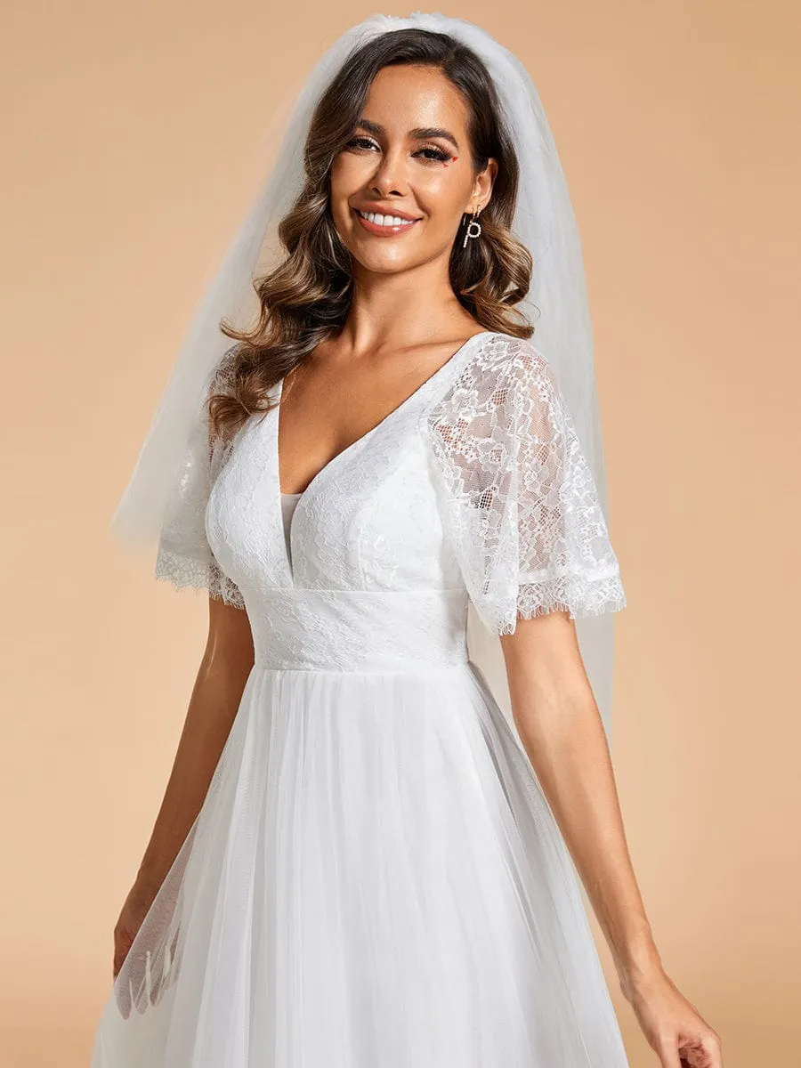 LUSARA'S BRIDE|V-Neck Tulle Wedding Dresses with Lace Short Sleeves sold by Ever Pretty product image thumbnail 3