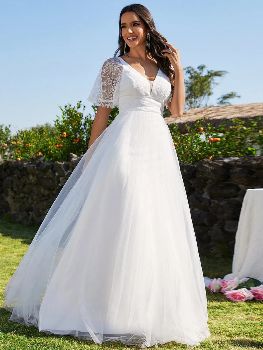 LUSARA'S BRIDE|V-Neck Tulle Wedding Dresses with Lace Short Sleeves sold by Ever Pretty product image thumbnail 4