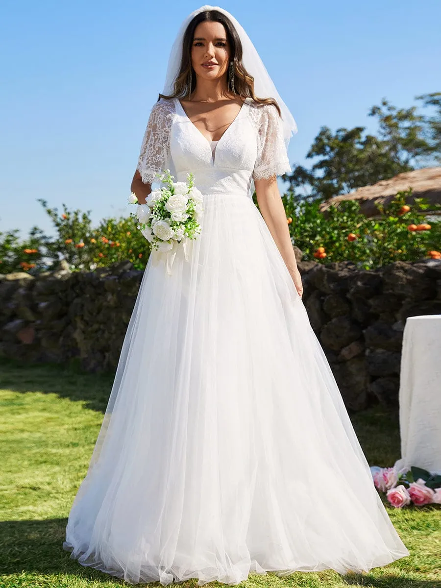 LUSARA'S BRIDE|V-Neck Tulle Wedding Dresses with Lace Short Sleeves sold by Ever Pretty