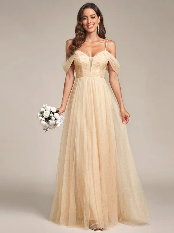 Cold Shoulder Spaghetti Strap Pleated Sequin Tulle Bridesmaid Dress sold by Ever Pretty