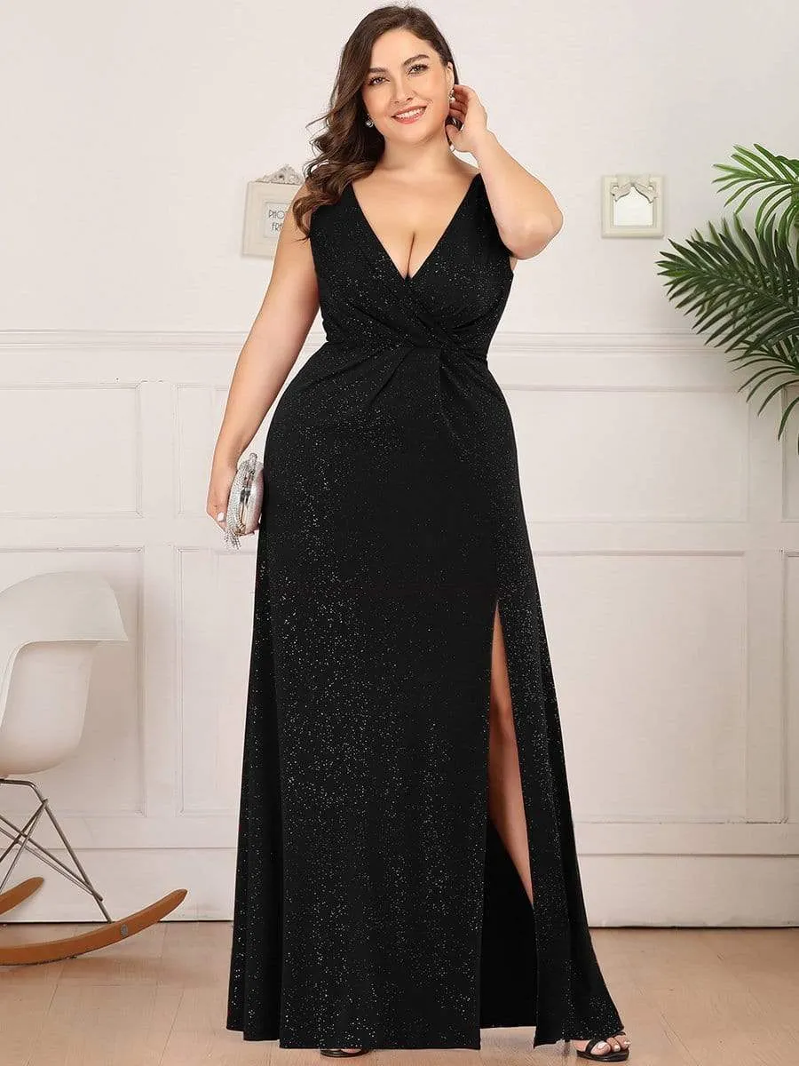 Plus Size Shiny V Neck Side Slit Formal Evening Dress sold by Ever Pretty product image thumbnail 5