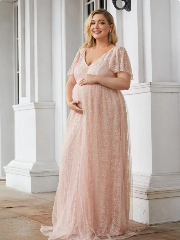 Plus Size Floral Lace Flutter Sleeve V-Neck Formal Maternity Dress sold by Ever Pretty