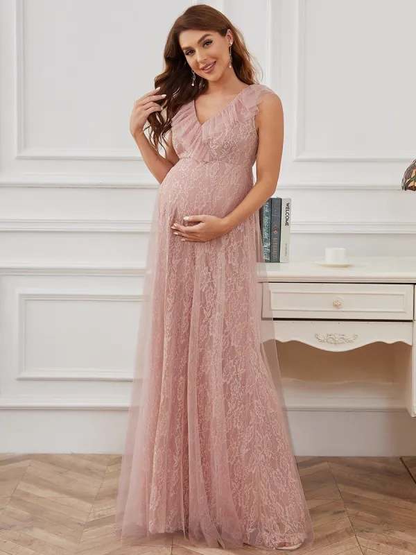 Floor Length Vintage Lace Ruffle Sleeve Maternity Dress made by Ever Pretty