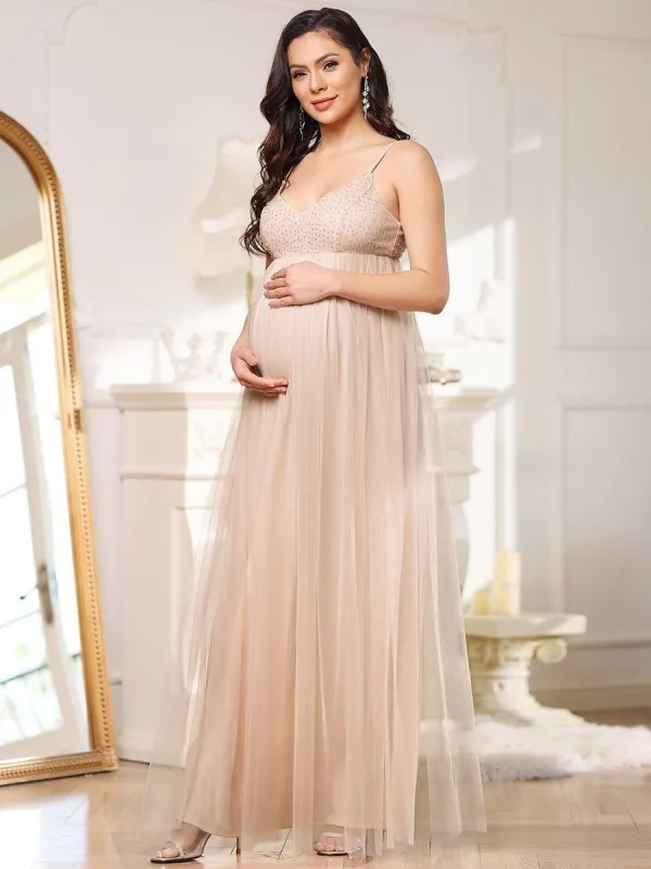 Sequin Spaghetti Strap A-Line Tulle Formal Maternity Dress made by Ever Pretty