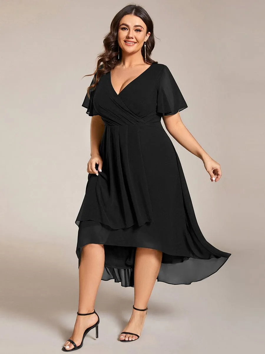 pretty LARK|Plus Size Chiffon Short Sleeves Pleated V-Neck A-Line Midi Wedding Guest Dress sold by Ever Pretty