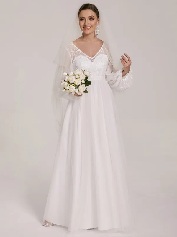 Sheer Floral Puffed Sleeve Sweetheart A-Line Wedding Dress sold by Ever Pretty