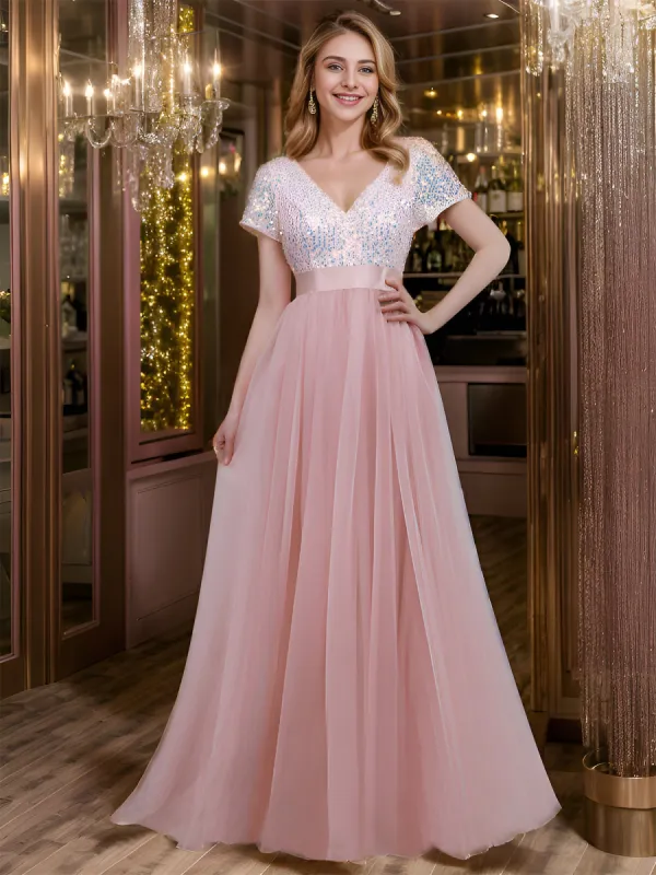 Custom Size Sequin V-neck A-line Ribbon Waist Tulle Prom Dress sold by Ever Pretty