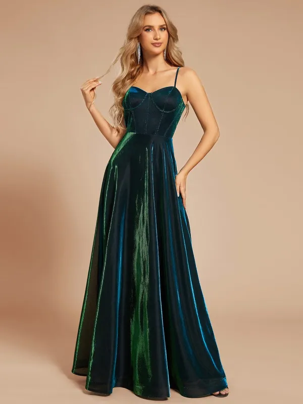 Custom Size Iridescent Mesh Spaghetti Strap V-neck A-line Prom Dress sold by Ever Pretty