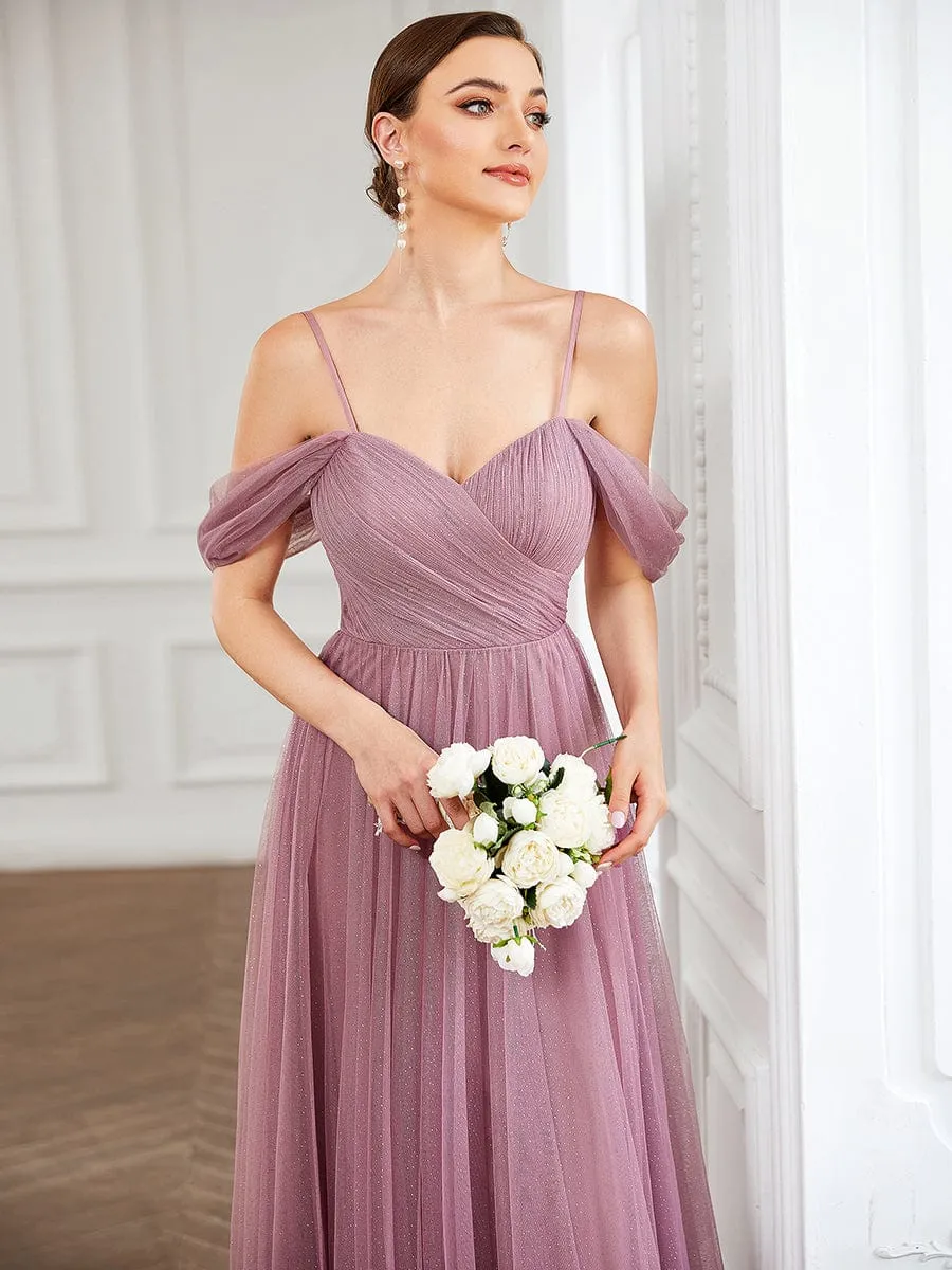 Draped Sleeve Spaghetti Strap A-Line Tulle Bridesmaid Dress sold by Ever Pretty product image thumbnail 3