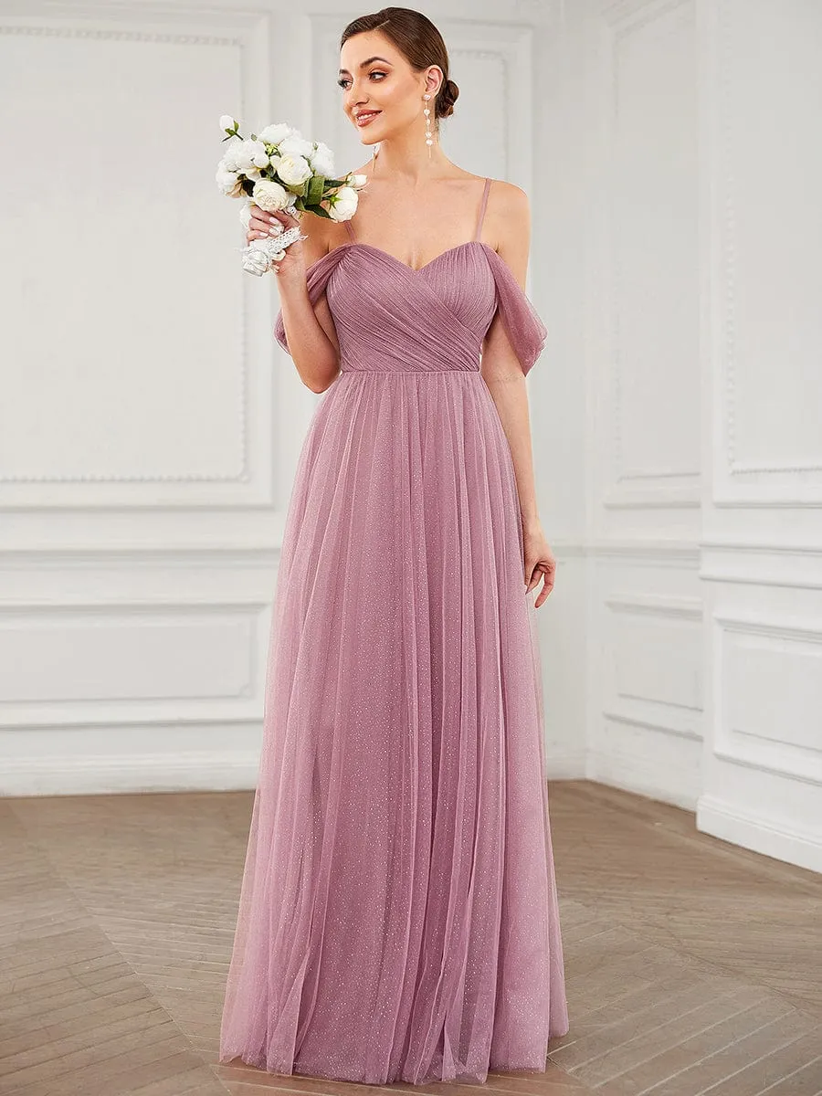 Draped Sleeve Spaghetti Strap A-Line Tulle Bridesmaid Dress sold by Ever Pretty product image thumbnail 4