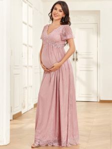 Short Sleeve Lace Bohemian V-Neck Side Slit A-Line Maternity Dress sold by Ever Pretty