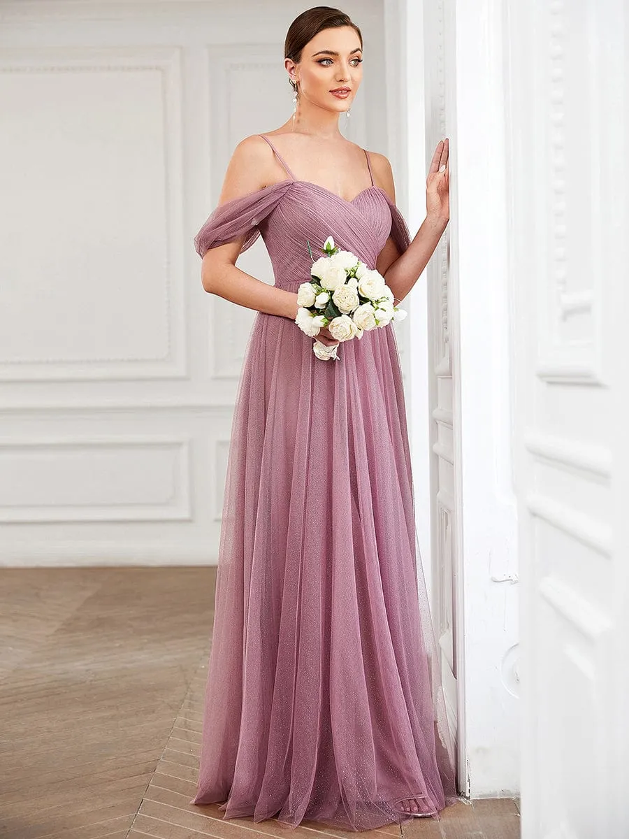 Draped Sleeve Spaghetti Strap A-Line Tulle Bridesmaid Dress sold by Ever Pretty product image thumbnail 5