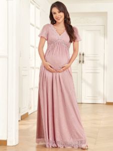 Short Sleeve Lace Bohemian V-Neck Side Slit A-Line Maternity Dress sold by Ever Pretty