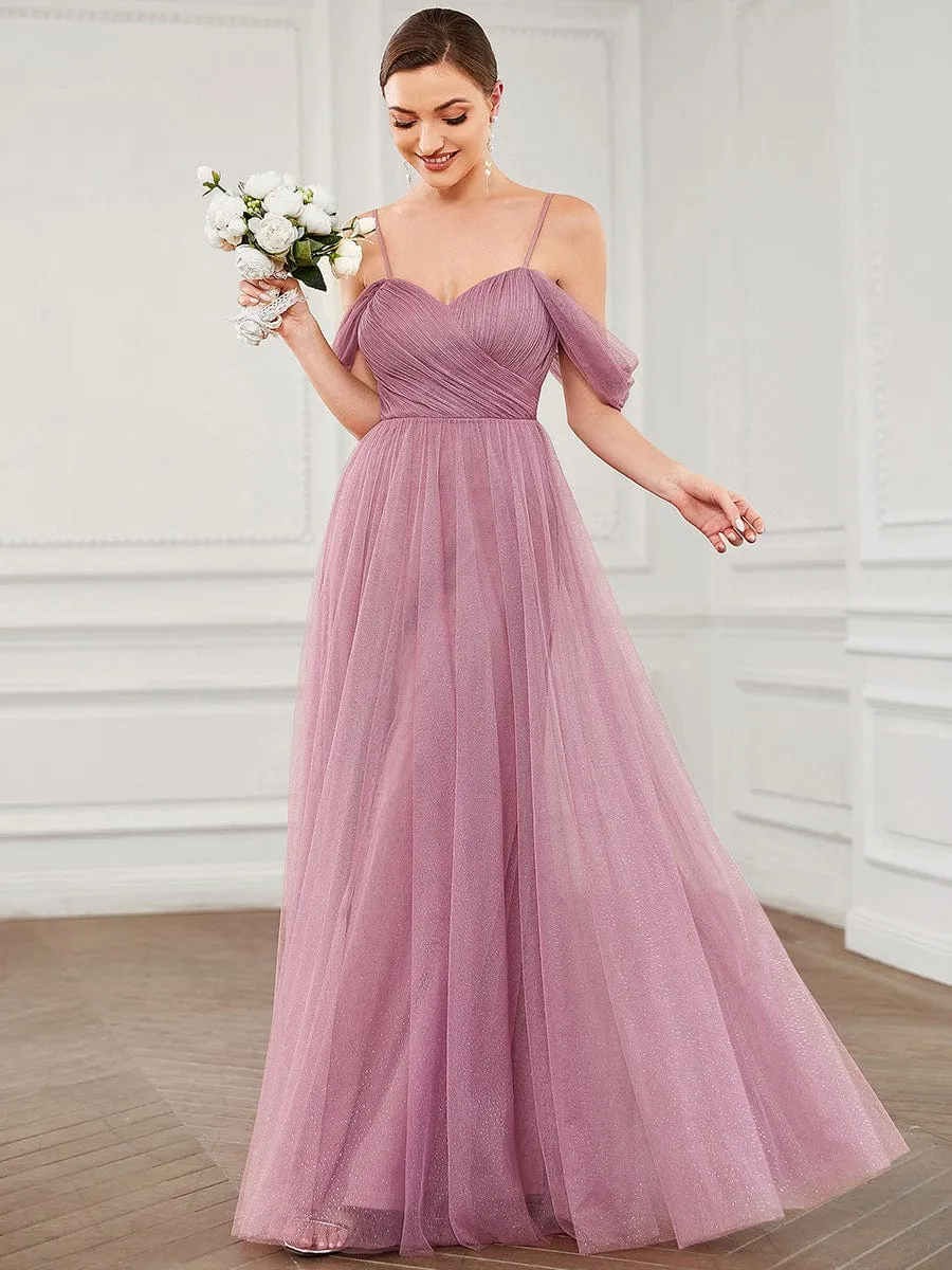Draped Sleeve Spaghetti Strap A-Line Tulle Bridesmaid Dress sold by Ever Pretty