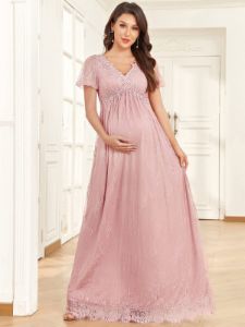 Short Sleeve Lace Bohemian V-Neck Side Slit A-Line Maternity Dress sold by Ever Pretty