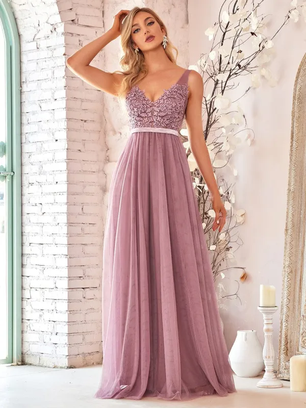 Women's A-Line V-Neck Floral Lace Appliques Bridesmaid Dress sold by Ever Pretty