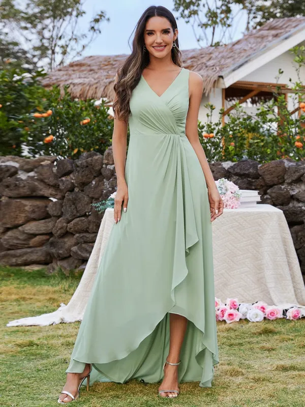 ever CARMEL|Chic High-Low V-Neck Chiffon Bridesmaid Dress with Front Pleating sold by Ever Pretty