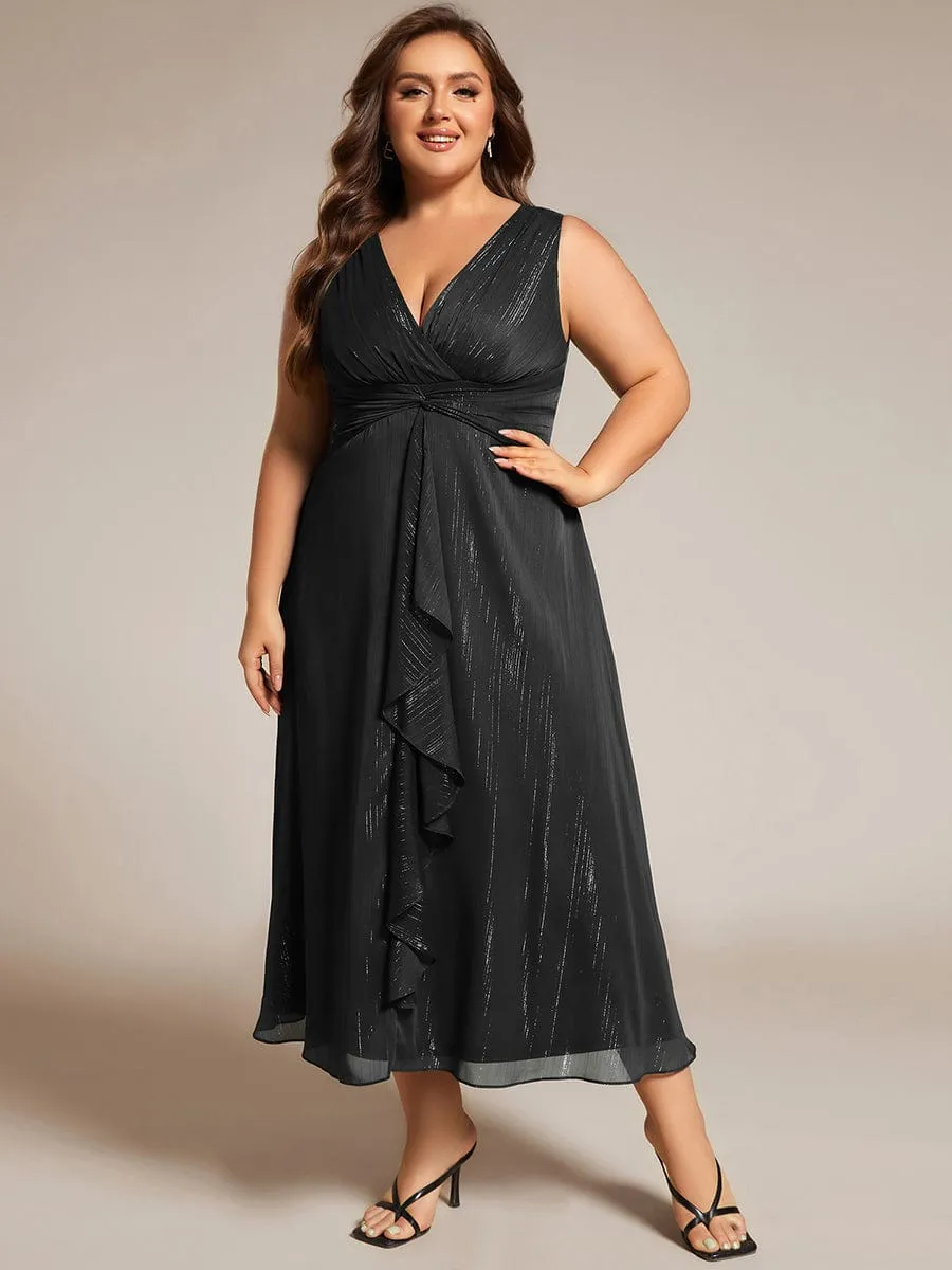 pretty MEI|Plus Size Sleeveless Glittery Ruffled V-Neck Midi Wedding Guest Dress sold by Ever Pretty product image thumbnail 3