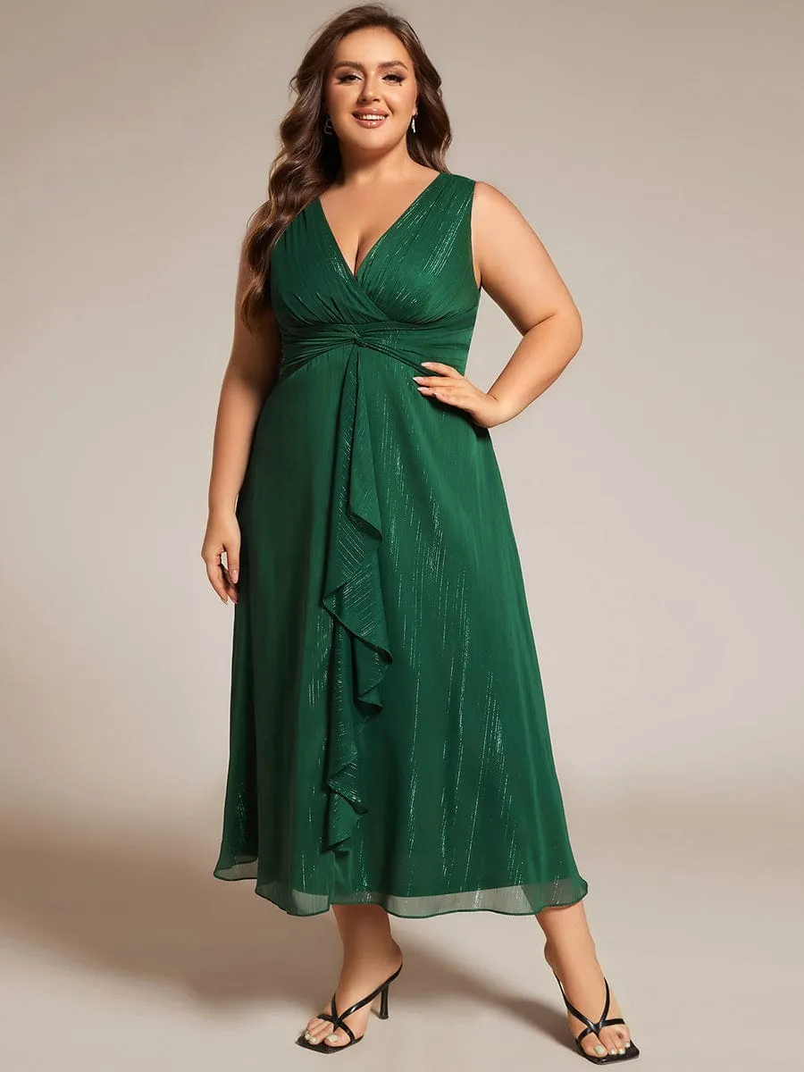 pretty MEI|Plus Size Sleeveless Glittery Ruffled V-Neck Midi Wedding Guest Dress sold by Ever Pretty