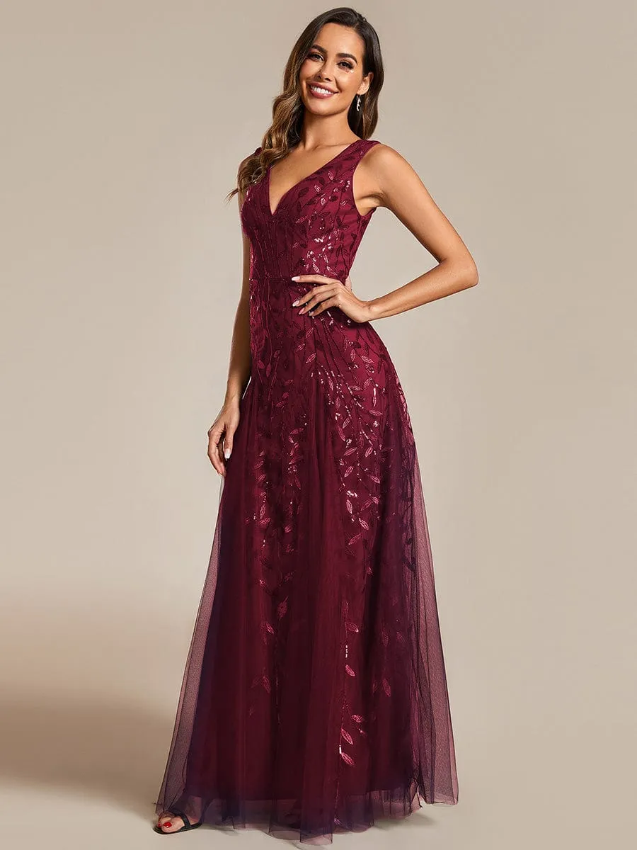 ever ZOEY|V-Neck Leaf Sequin Sleeveless A-Line Formal Evening Dress with Tulle sold by Ever Pretty