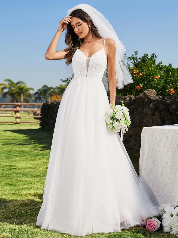 Custom Size V-Neck A-Line Wedding Dress featuring Delicate Pearl Accents sold by Ever Pretty