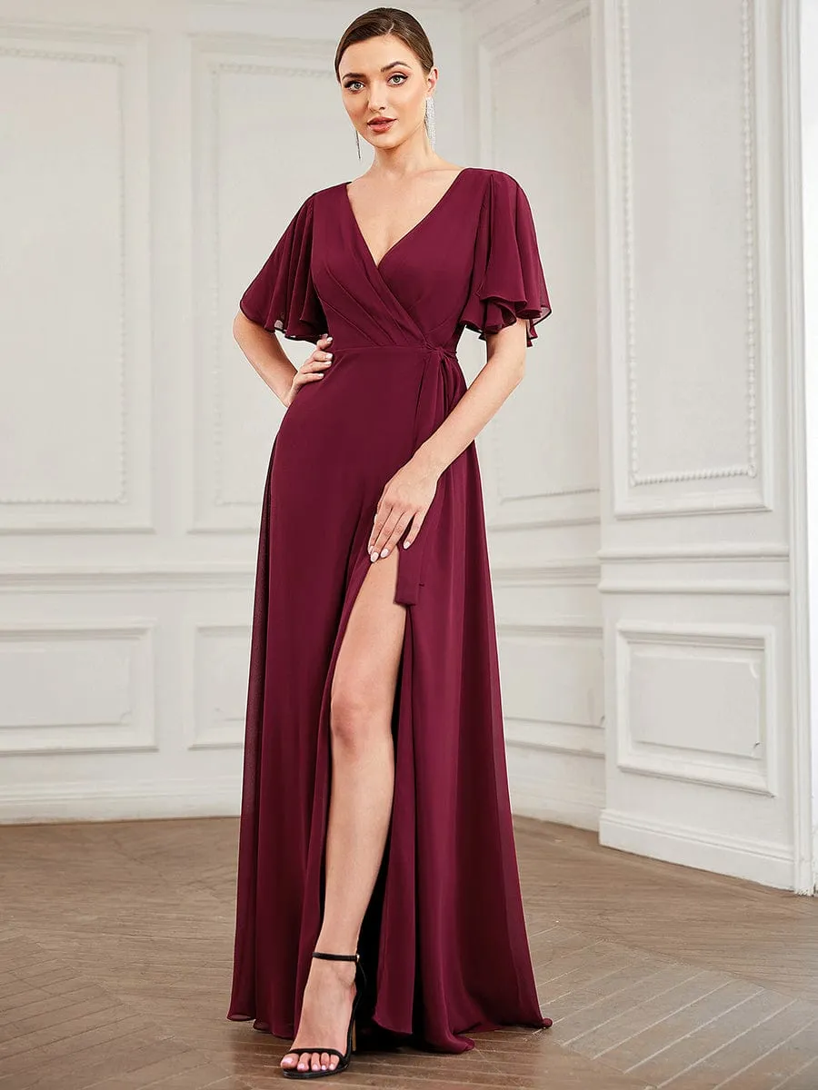 Tie Waist High Slit Flutter Sleeve Chiffon Evening Dress sold by Ever Pretty