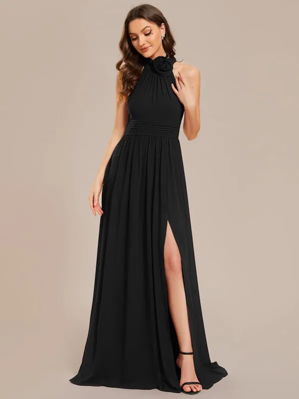 Chiffon Halter Straps Sleeveless Pleated A-Line High Slit Maxi Bridesmaid Dress sold by Ever Pretty
