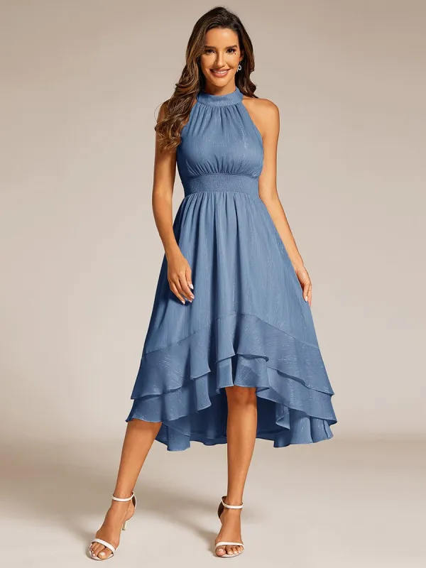 ever ZOYA|Sparkly High-Low Ruffle Halter Neck Wedding Guest Dress with Pleating sold by Ever Pretty