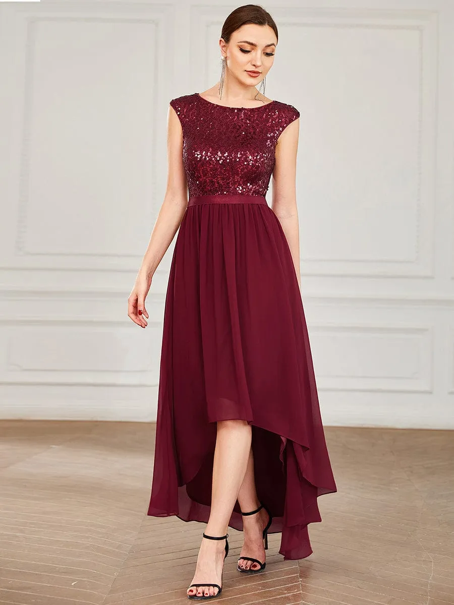 Chiffon Ribbon Waist Sleeveless Sequin High Low Evening Dress sold by Ever Pretty