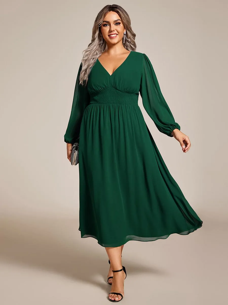 pretty AMARA|Plus Size Flowy Long Sleeves V-Neck Midi Chiffon Wedding Guest Dress sold by Ever Pretty