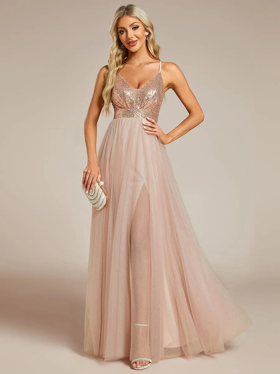 V-Neck Sequins and Tulle Backless Formal Evening Dress sold by Ever Pretty