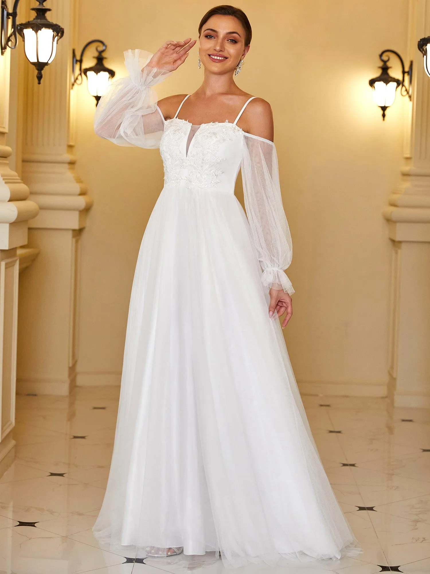 Boho Chic Cold Shoulder Lantern Sleeve Wedding Dress sold by Ever Pretty product image thumbnail 4