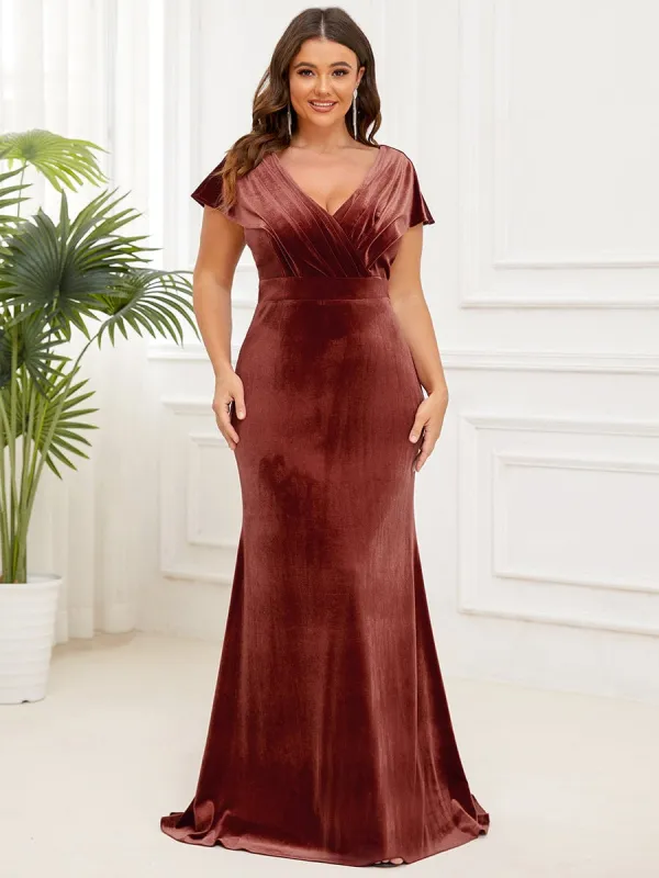 Plus Size V-Neck Velvet Pleated Floor Length Evening Dress sold by Ever Pretty