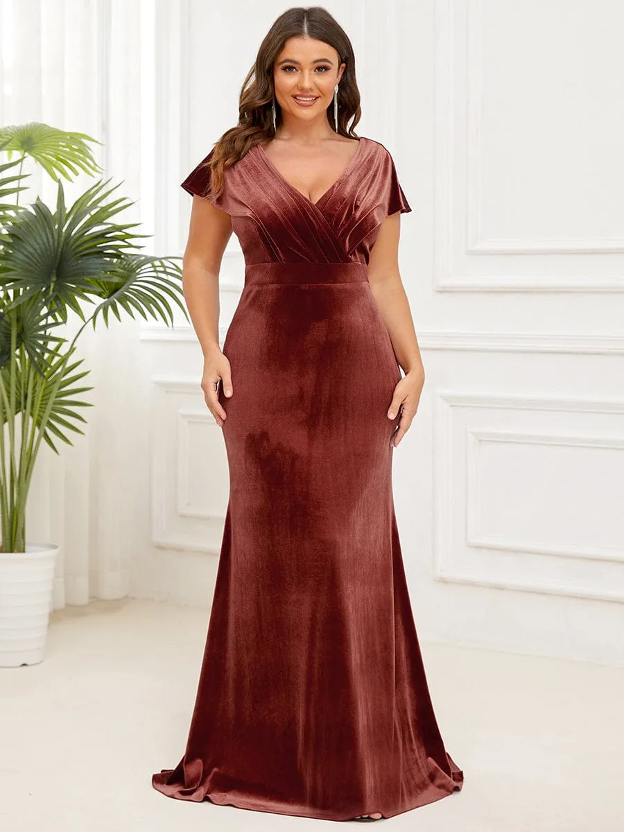 Plus Size V-Neck Velvet Pleated Floor Length Evening Dress sold by Ever Pretty