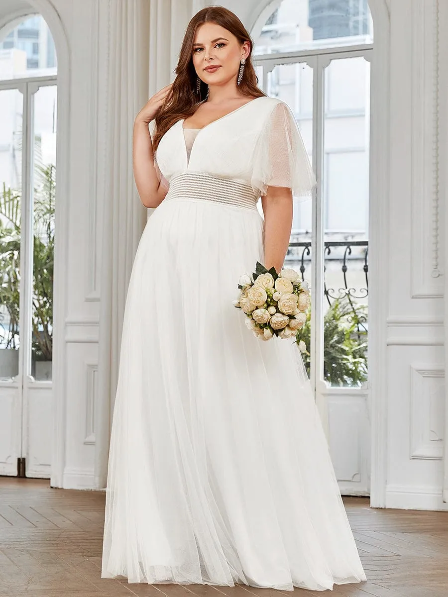 Plus Size Pleated A-Line Short Sleeve Double V-Neck Tulle Bridesmaid Dress sold by Ever Pretty product image thumbnail 3