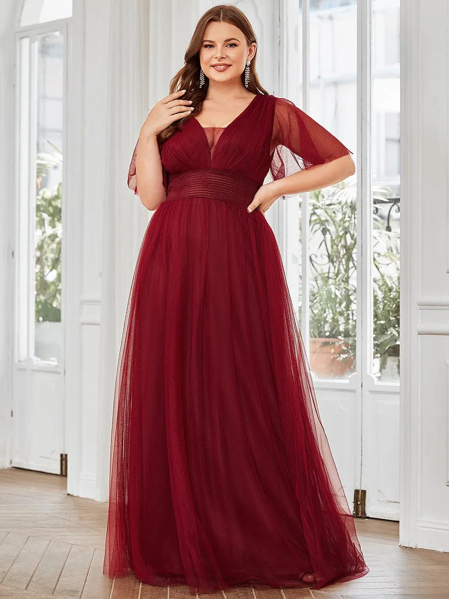 Plus Size Pleated A-Line Short Sleeve Double V-Neck Tulle Bridesmaid Dress sold by Ever Pretty product image thumbnail 5