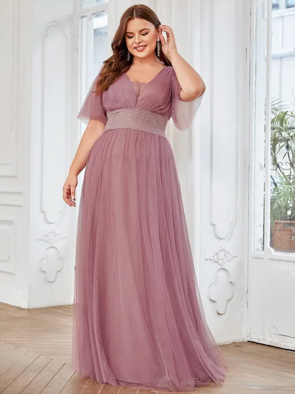 Plus Size Pleated A-Line Short Sleeve Double V-Neck Tulle Bridesmaid Dress sold by Ever Pretty