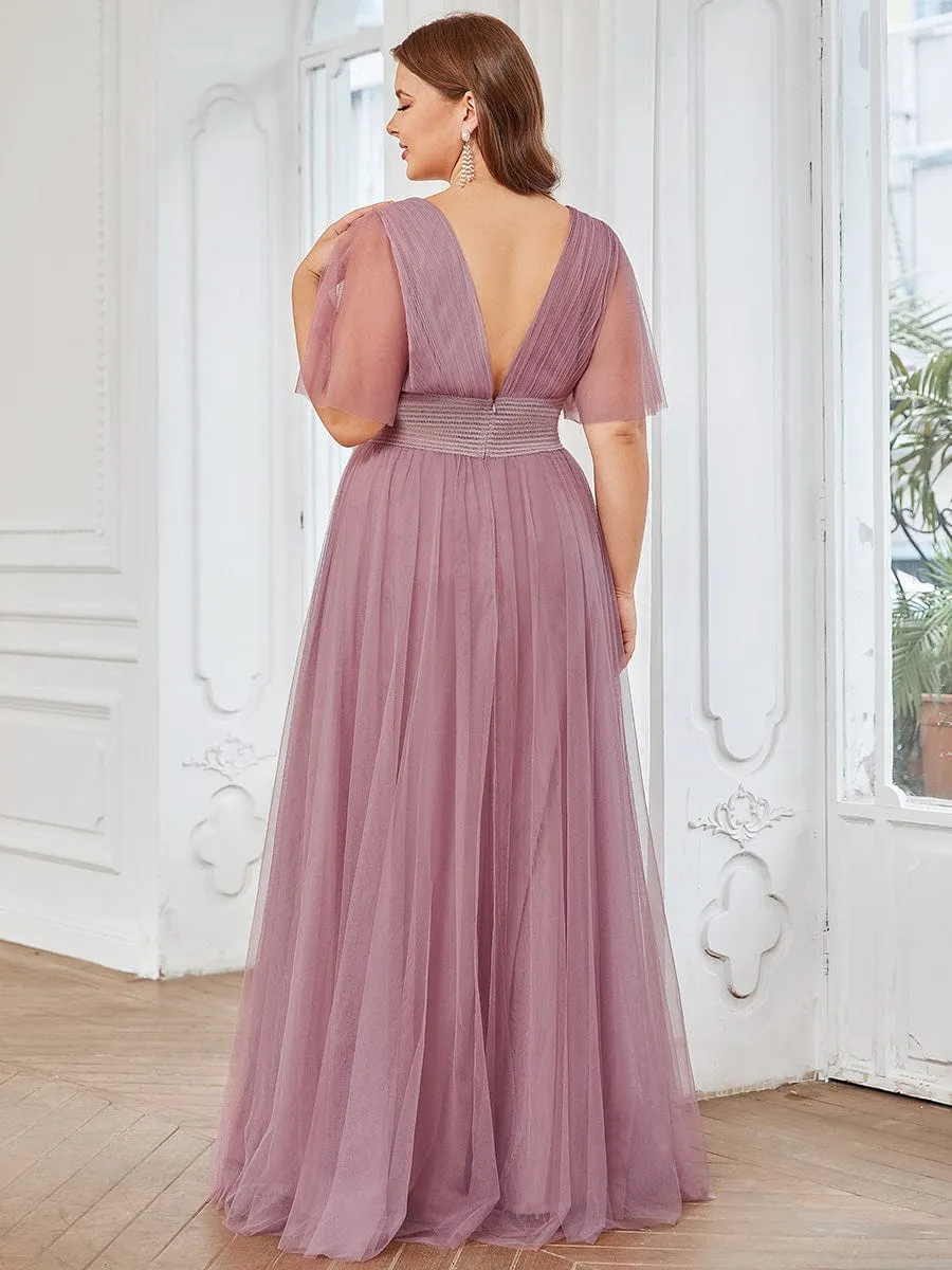 Plus Size Pleated A-Line Short Sleeve Double V-Neck Tulle Bridesmaid Dress sold by Ever Pretty product image thumbnail 2