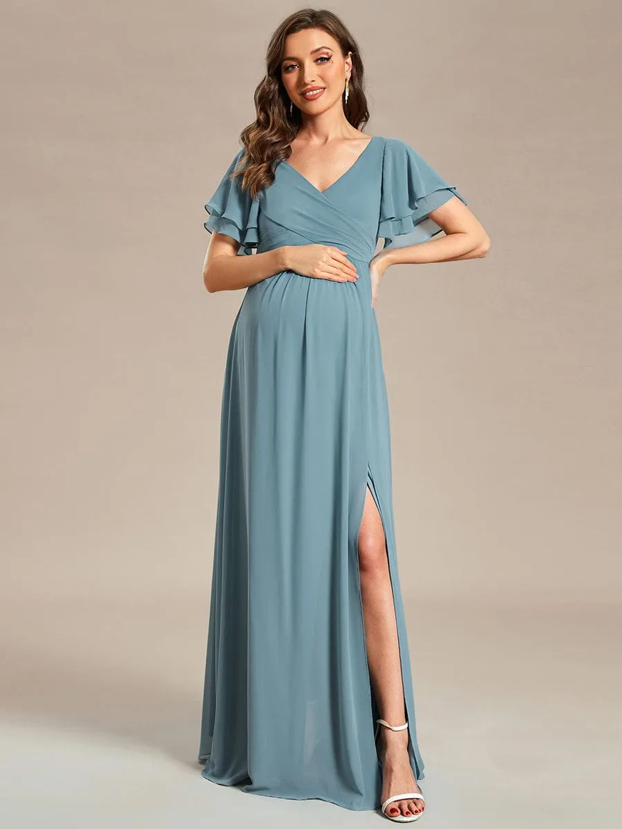 A-Line Ruffles Sleeve Front Slit Pleated Chiffon Maternity Dress sold by Ever Pretty product image thumbnail 3