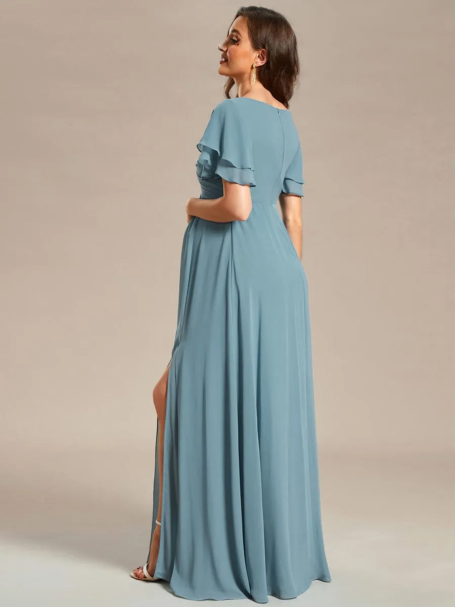 A-Line Ruffles Sleeve Front Slit Pleated Chiffon Maternity Dress sold by Ever Pretty product image thumbnail 4