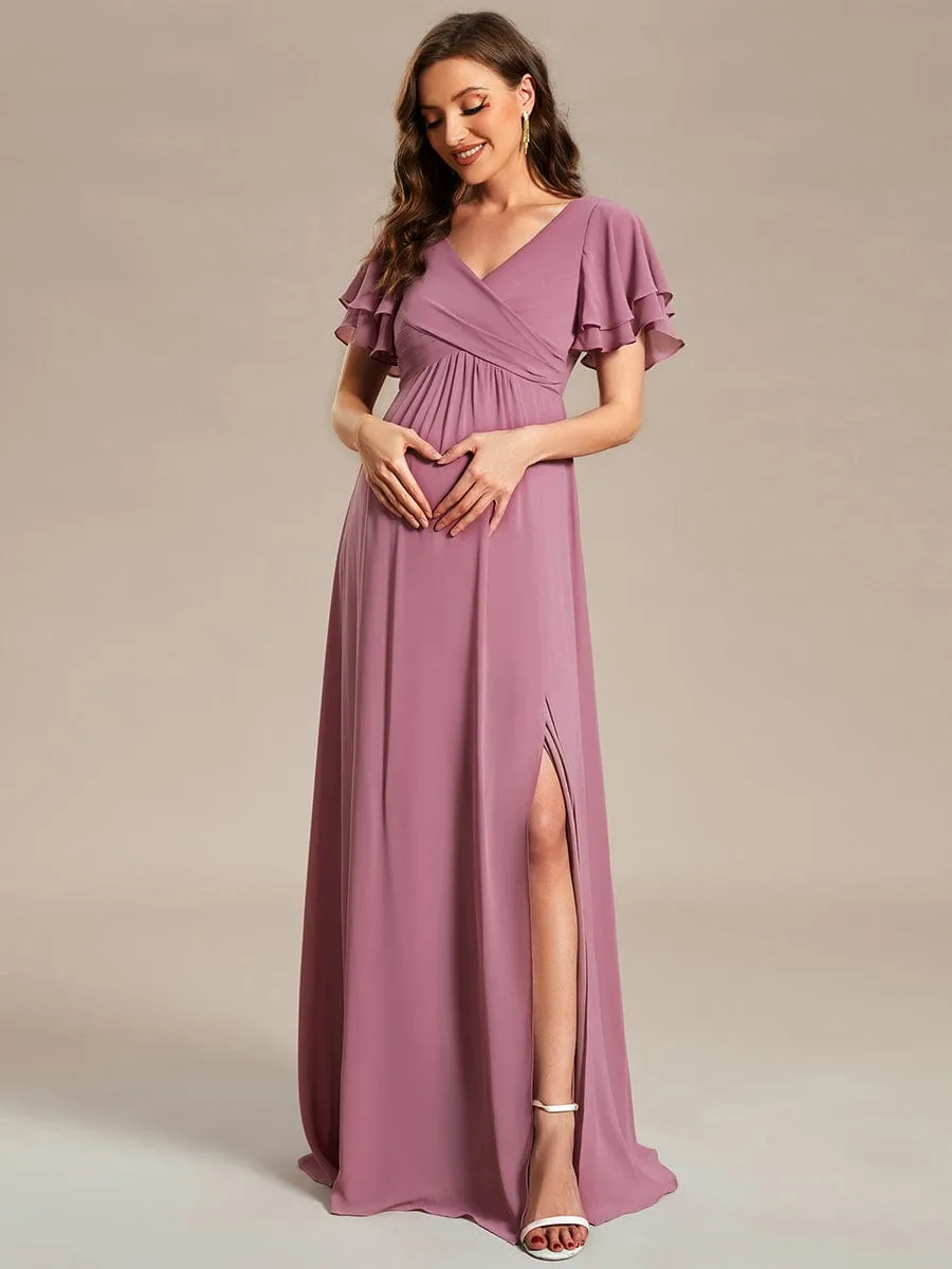 A-Line Ruffles Sleeve Front Slit Pleated Chiffon Maternity Dress sold by Ever Pretty