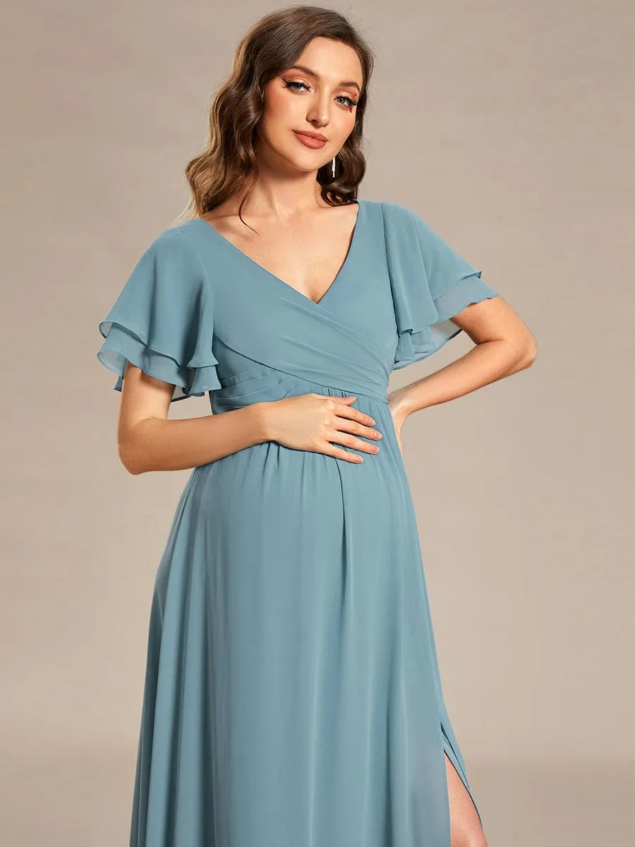 A-Line Ruffles Sleeve Front Slit Pleated Chiffon Maternity Dress sold by Ever Pretty product image thumbnail 5