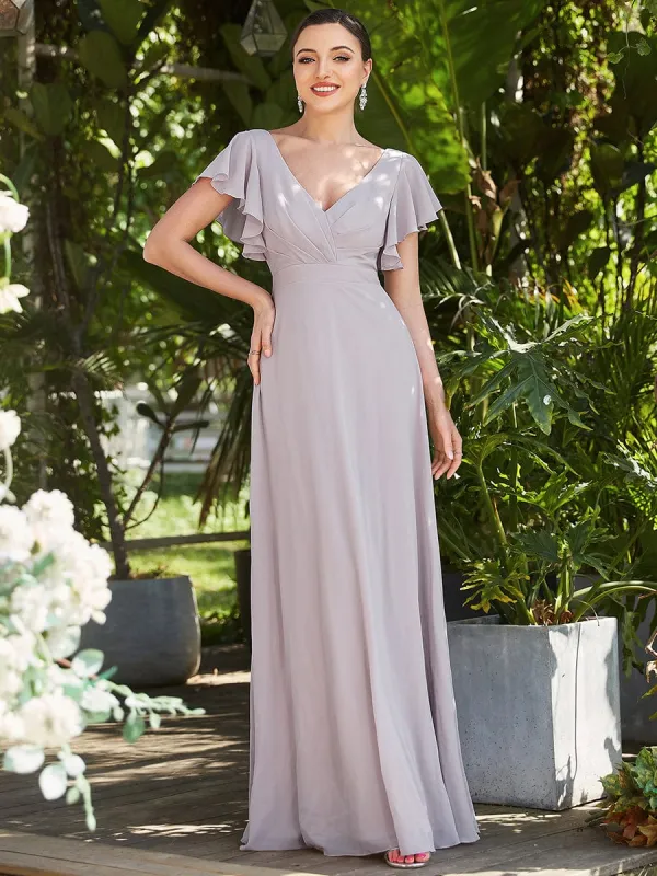 Short Ruffle Sleeve V-Neck Pleated Chiffon A-Line Evening Dress sold by Ever Pretty