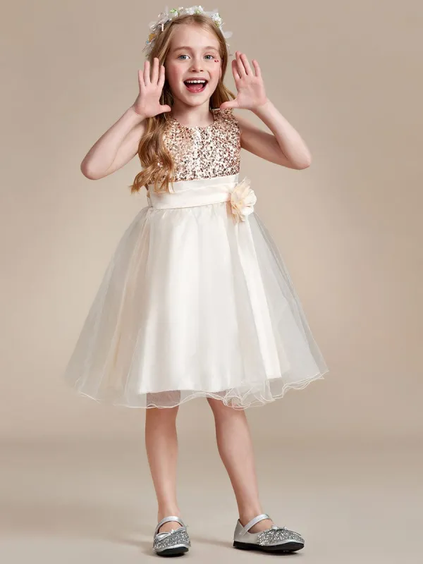 ROSABELLE|Sequin Bodice Double hemline Short Flower Girl Dress with Bowknot sold by Ever Pretty