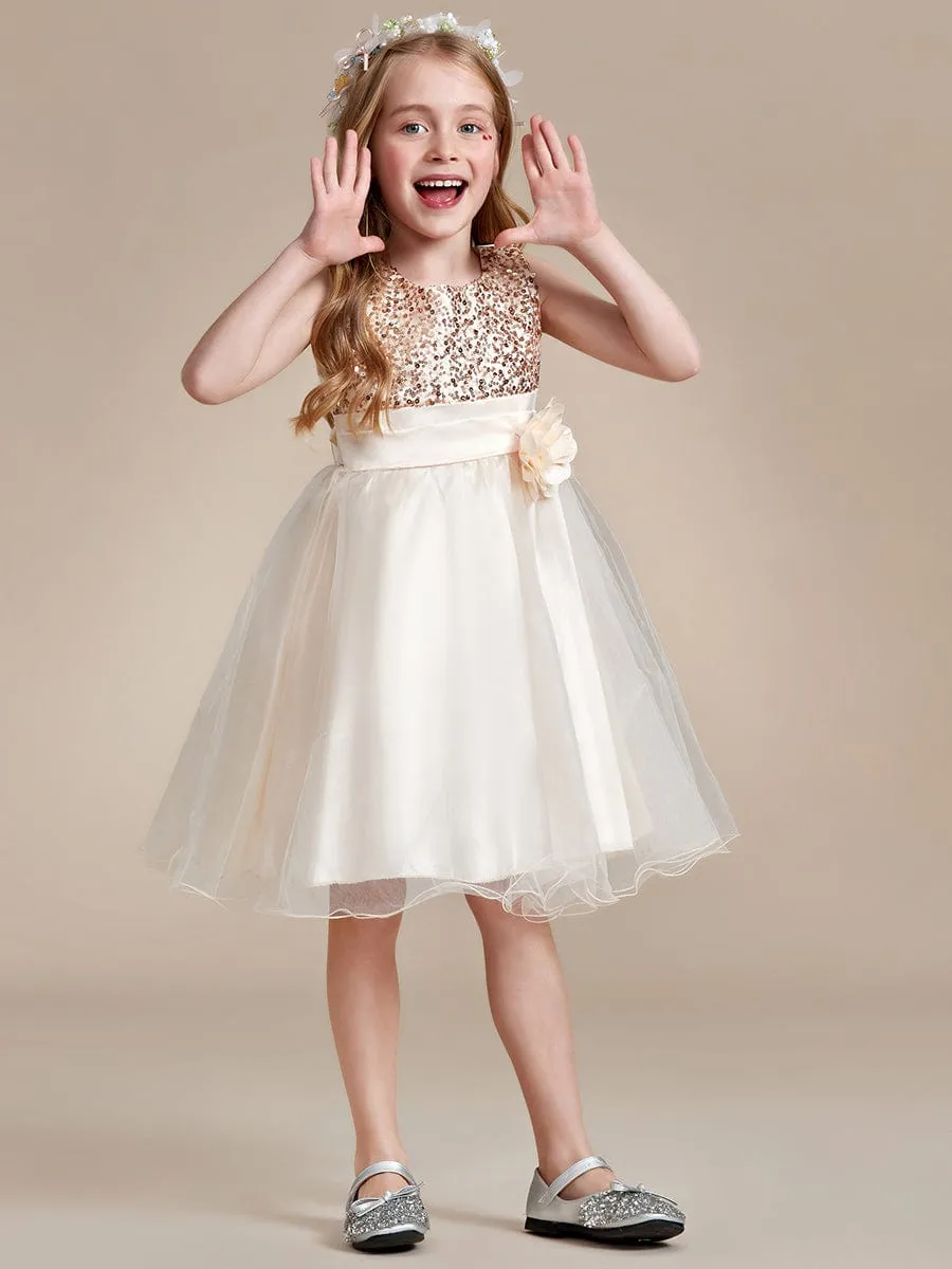 ROSABELLE|Sequin Bodice Double hemline Short Flower Girl Dress with Bowknot sold by Ever Pretty