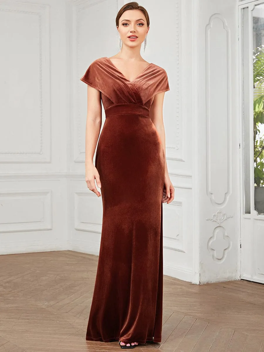 Velvet Pleated V-Neck Cap Sleeve Evening Dress sold by Ever Pretty