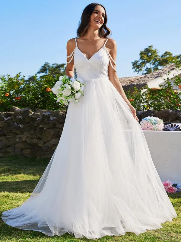 BRAZIA'S BRIDE|A-Line Pearl Spaghetti Strap Embroidered Tulle Wedding Dress with V-Neck sold by Ever Pretty