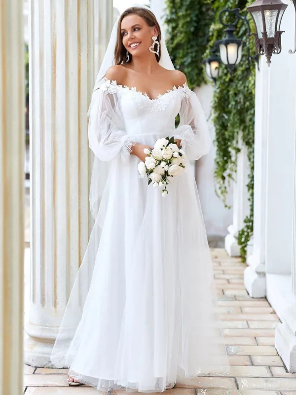 Sheer Lantern Sleeve Off the Shoulder Wedding Dress sold by Ever Pretty